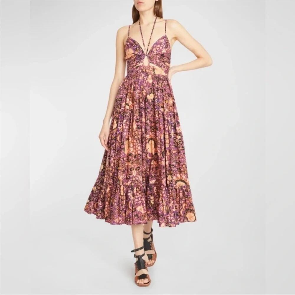 Ulla Johnson Phoebe Tiered Halter Midi Dress in Black Currant, Size 4